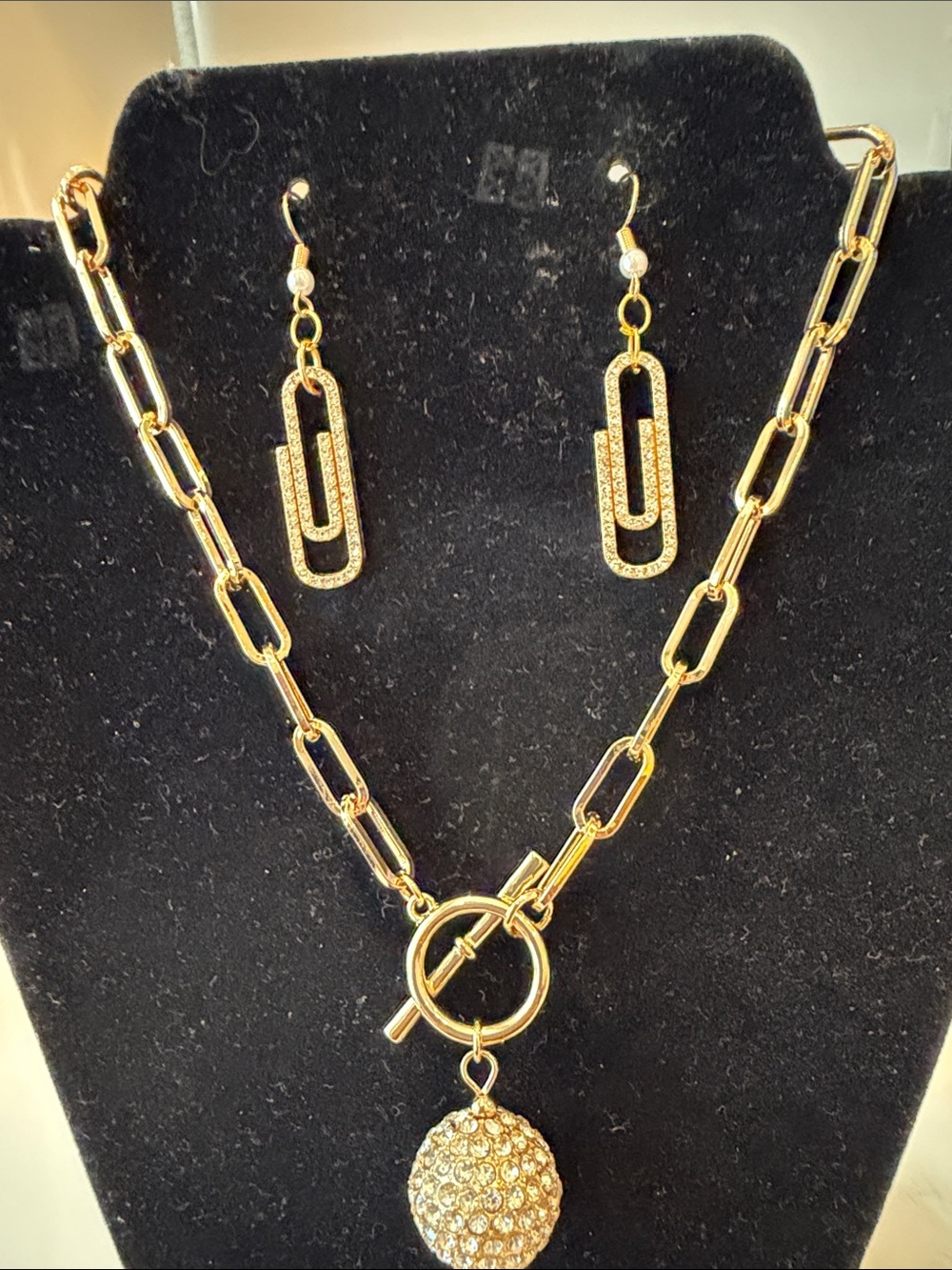Susan Shaw Gold Crystal Ball Pendant Necklace and Drop Earrings Set